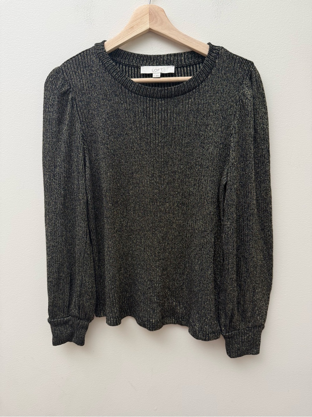 LOFT Black Metallic Ribbed Puff-Sleeve Sweater Top